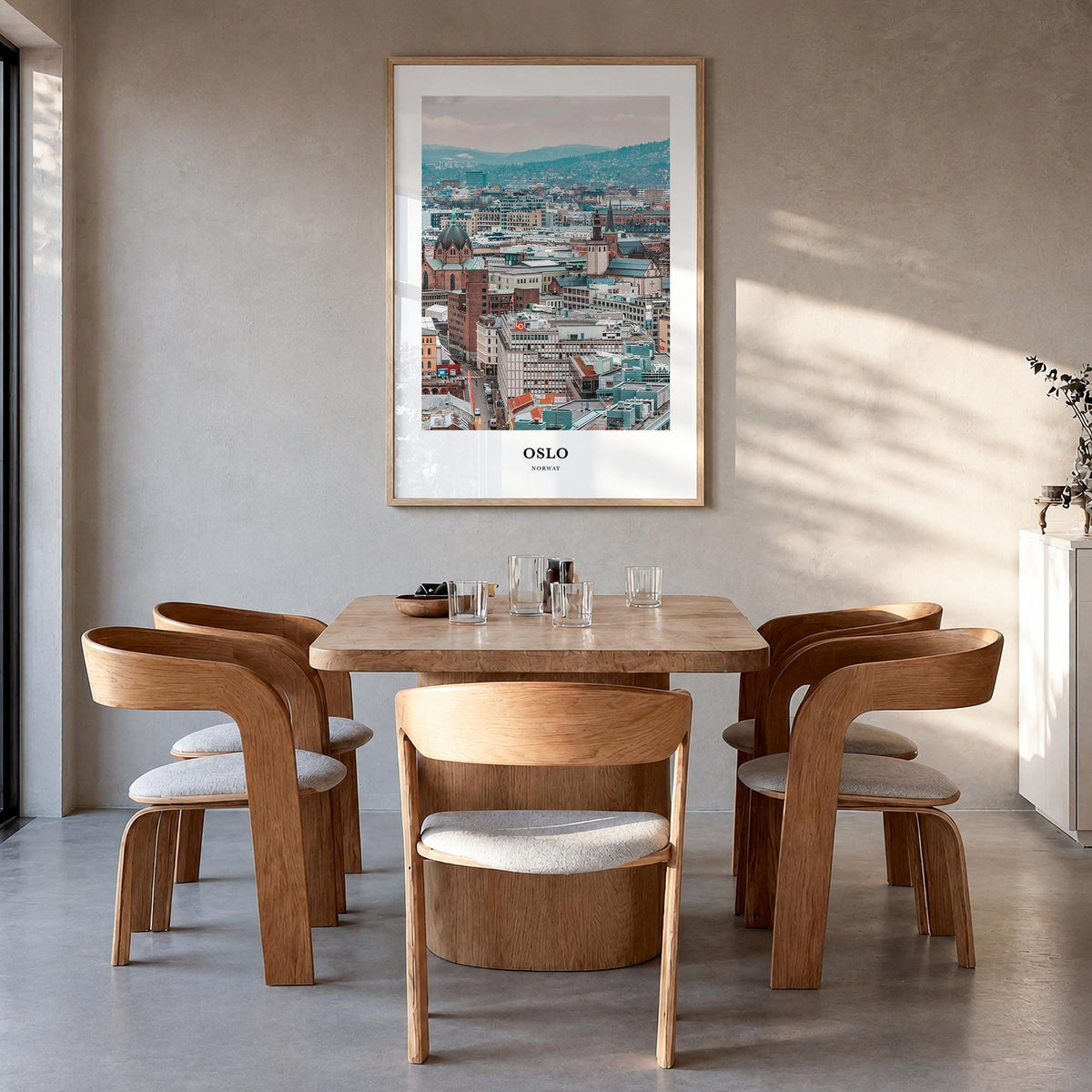 Oslo colorful classic poster of Norway – vertical wall art in natural wood frame, hanging on wall