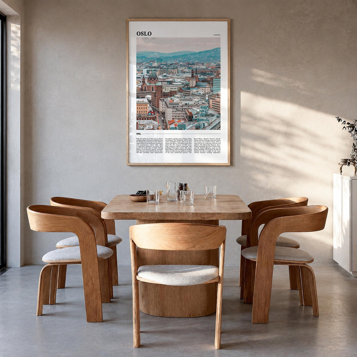 Oslo colorful travel poster of Norway – vertical wall art in natural wood frame, hanging on wall