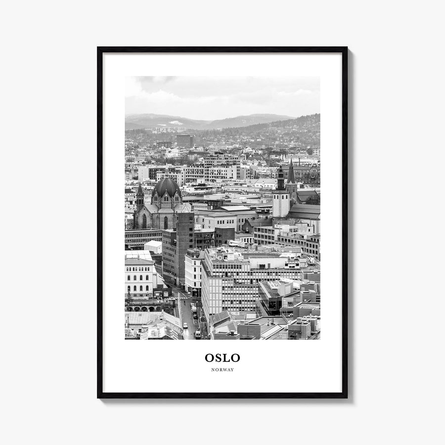 Oslo no. 1 black & white classic poster of Norway – vertical wall art, unframed print shown in interior mockup