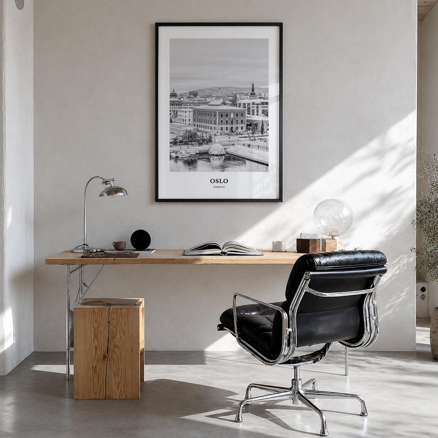 Oslo no. 2 black & white classic poster of Norway – vertical wall art in black wood frame, hanging on wall