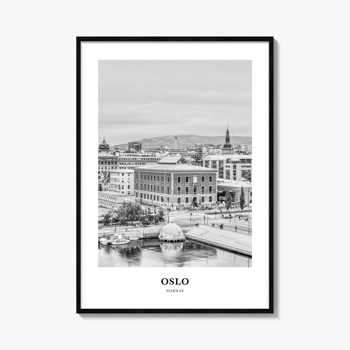 Oslo no. 2 black & white classic poster of Norway – vertical wall art, unframed print shown in interior mockup
