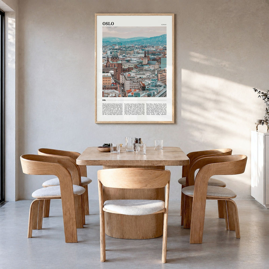 Oslo Travel Poster in a natural wood frame, hanging in a dining room
