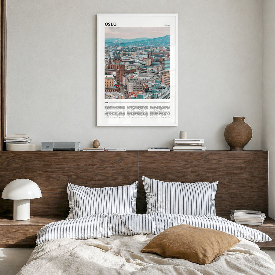 Oslo Travel Poster in a white wood frame, hanging in a bedroom