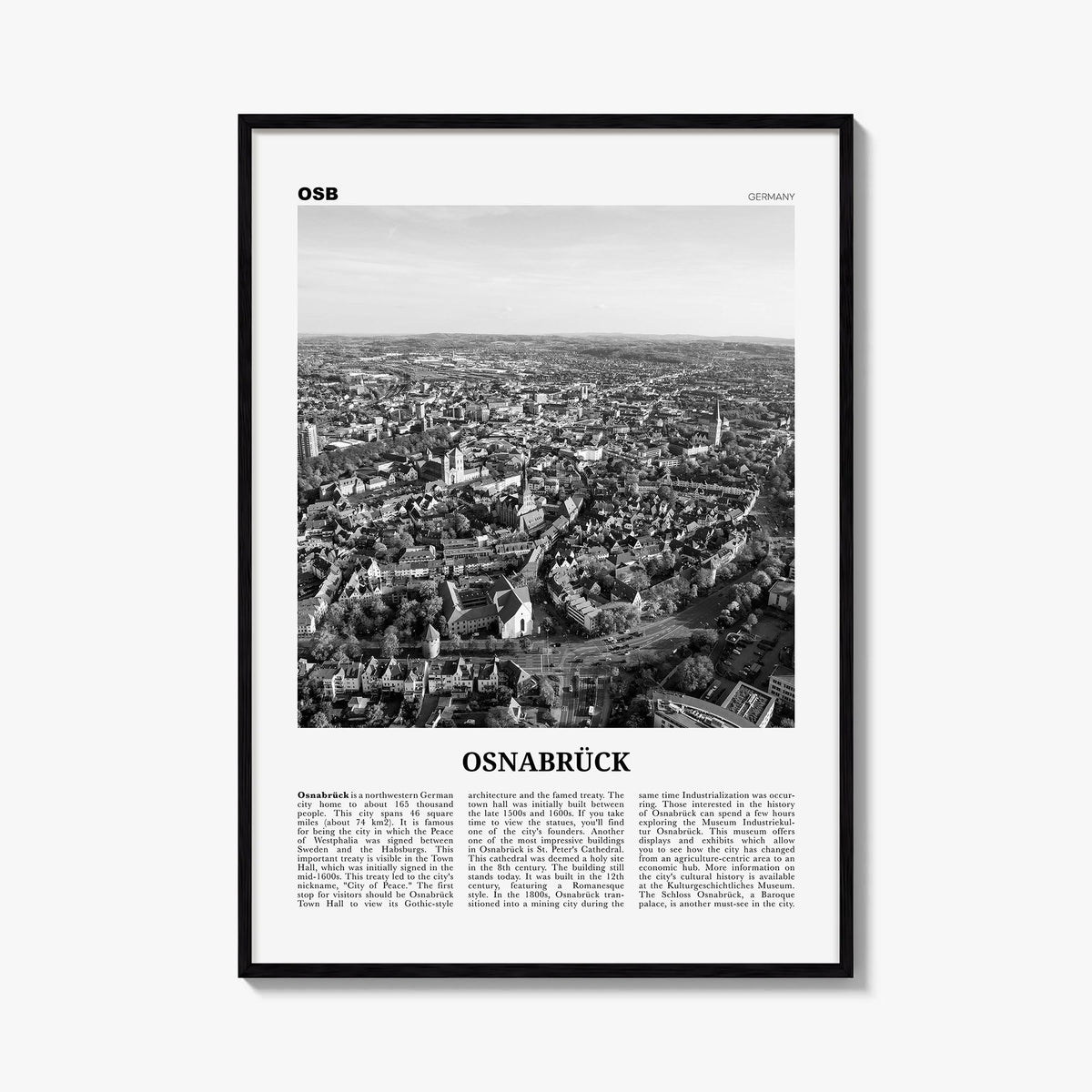 Osnabrück black & white newspaper poster of Germany – vertical wall art, unframed print shown in interior mockup