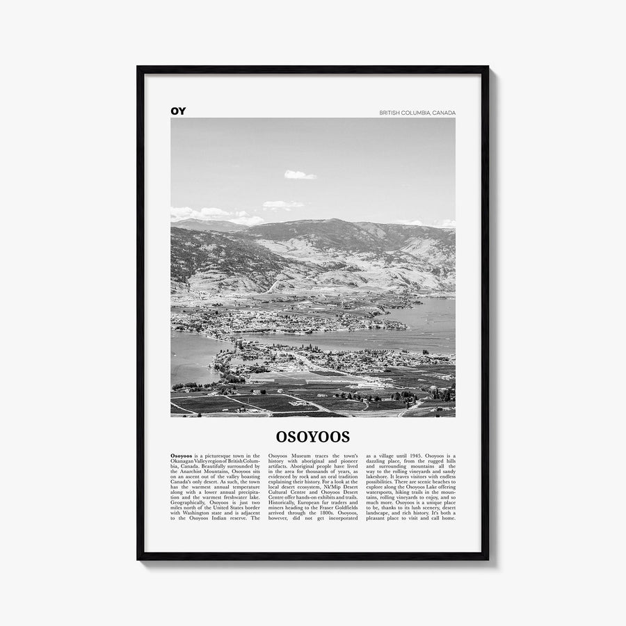 Osoyoos black & white newspaper poster of Canada – vertical wall art, unframed print shown in interior mockup