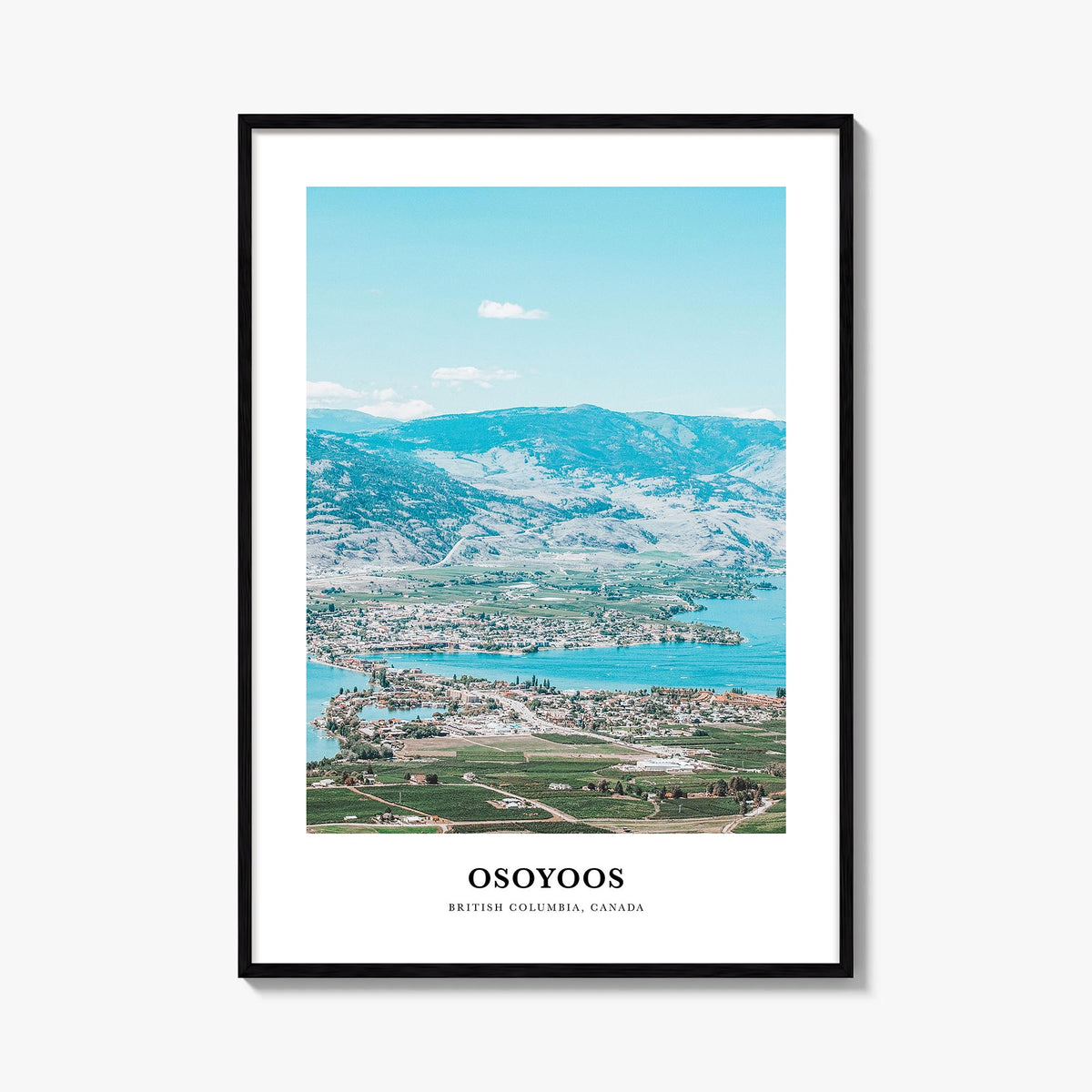 Osoyoos colorful classic poster of Canada – vertical wall art, unframed print shown in interior mockup