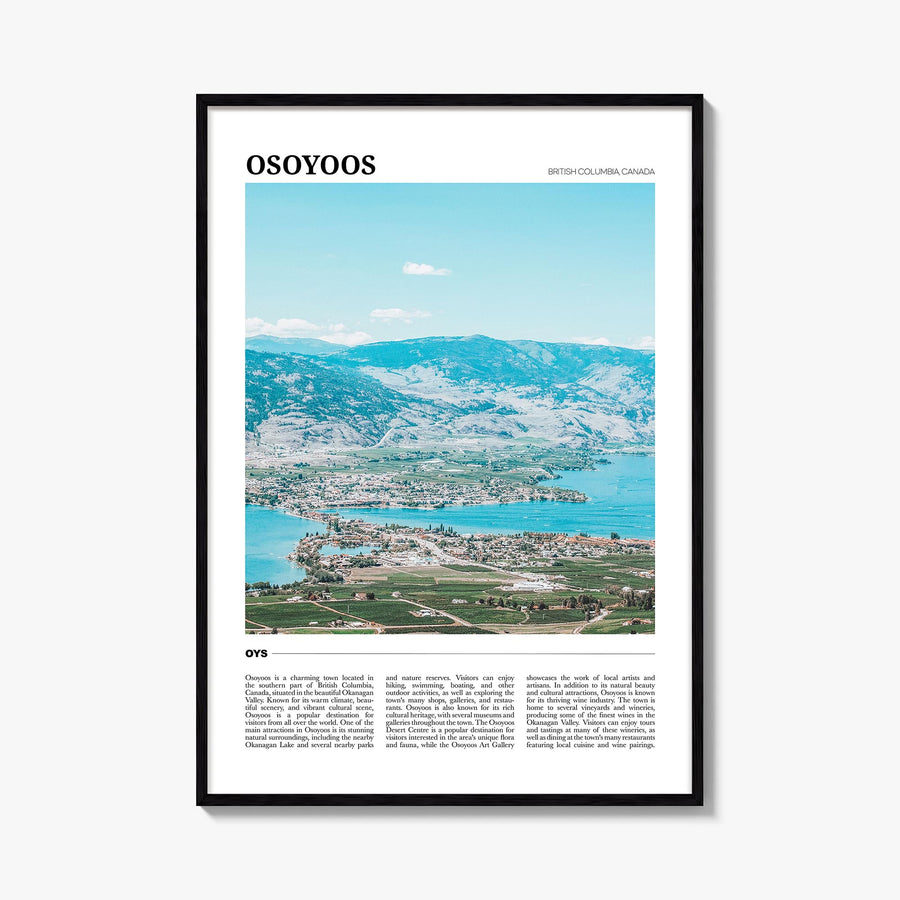 Osoyoos colorful travel poster of Canada – vertical wall art, unframed print shown in interior mockup