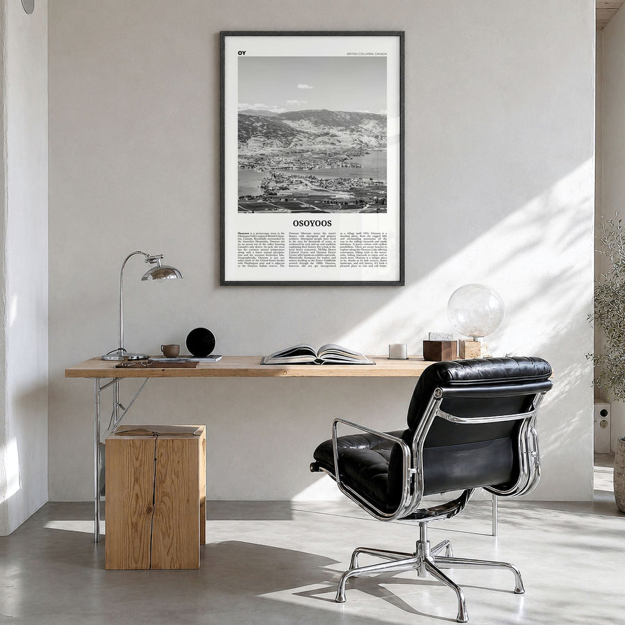 Osoyoos Newspaper Poster in a black wood frame, hanging in a bright home office