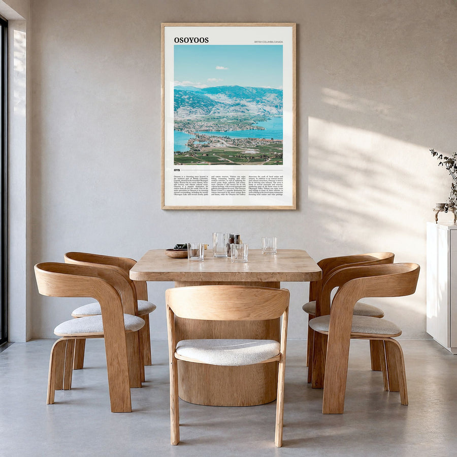 Osoyoos Travel Poster in a natural wood frame, hanging in a dining room