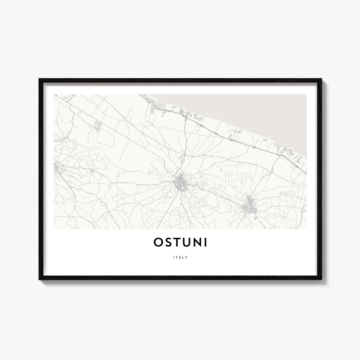 Ostuni black & white map poster of Italy – horizontal wall art, unframed print shown in interior mockup