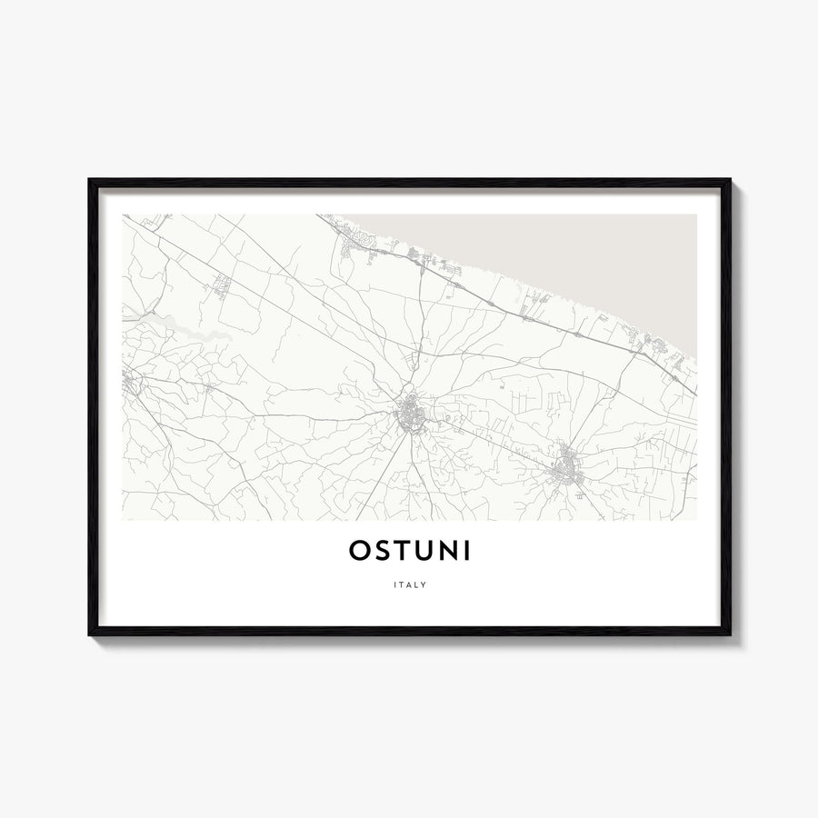 Ostuni black & white map poster of Italy – horizontal wall art, unframed print shown in interior mockup