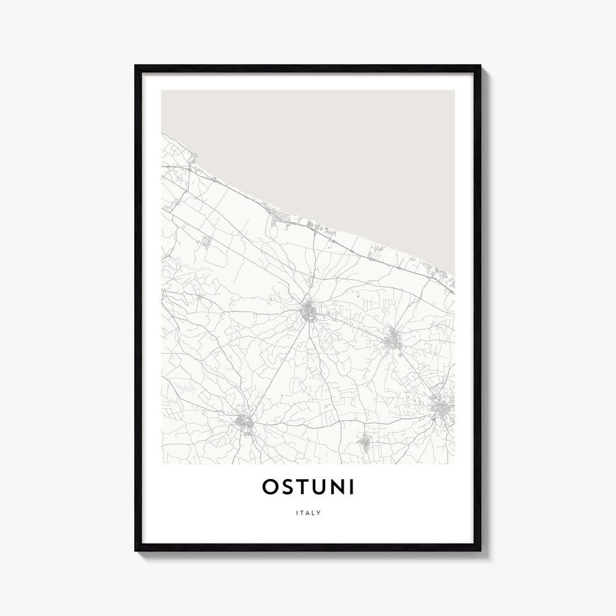 Ostuni black & white map poster of Italy – vertical wall art, unframed print shown in interior mockup