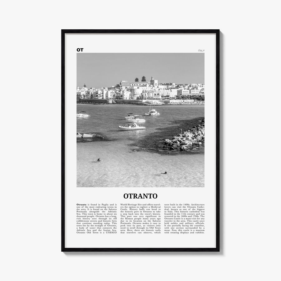 Otranto black & white newspaper poster of Italy – vertical wall art, unframed print shown in interior mockup