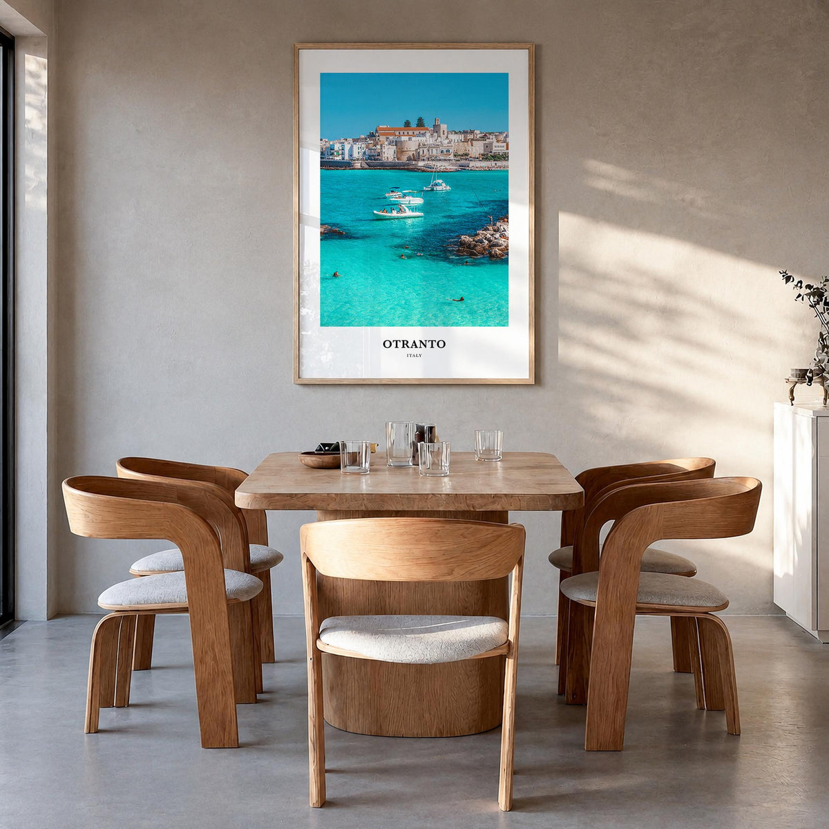 Otranto colorful classic poster of Italy – vertical wall art in natural wood frame, hanging on wall