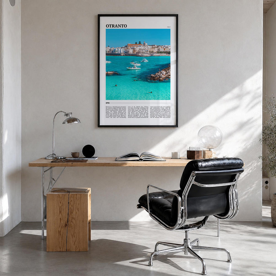 Otranto colorful travel poster of Italy – vertical wall art in black wood frame, hanging on wall
