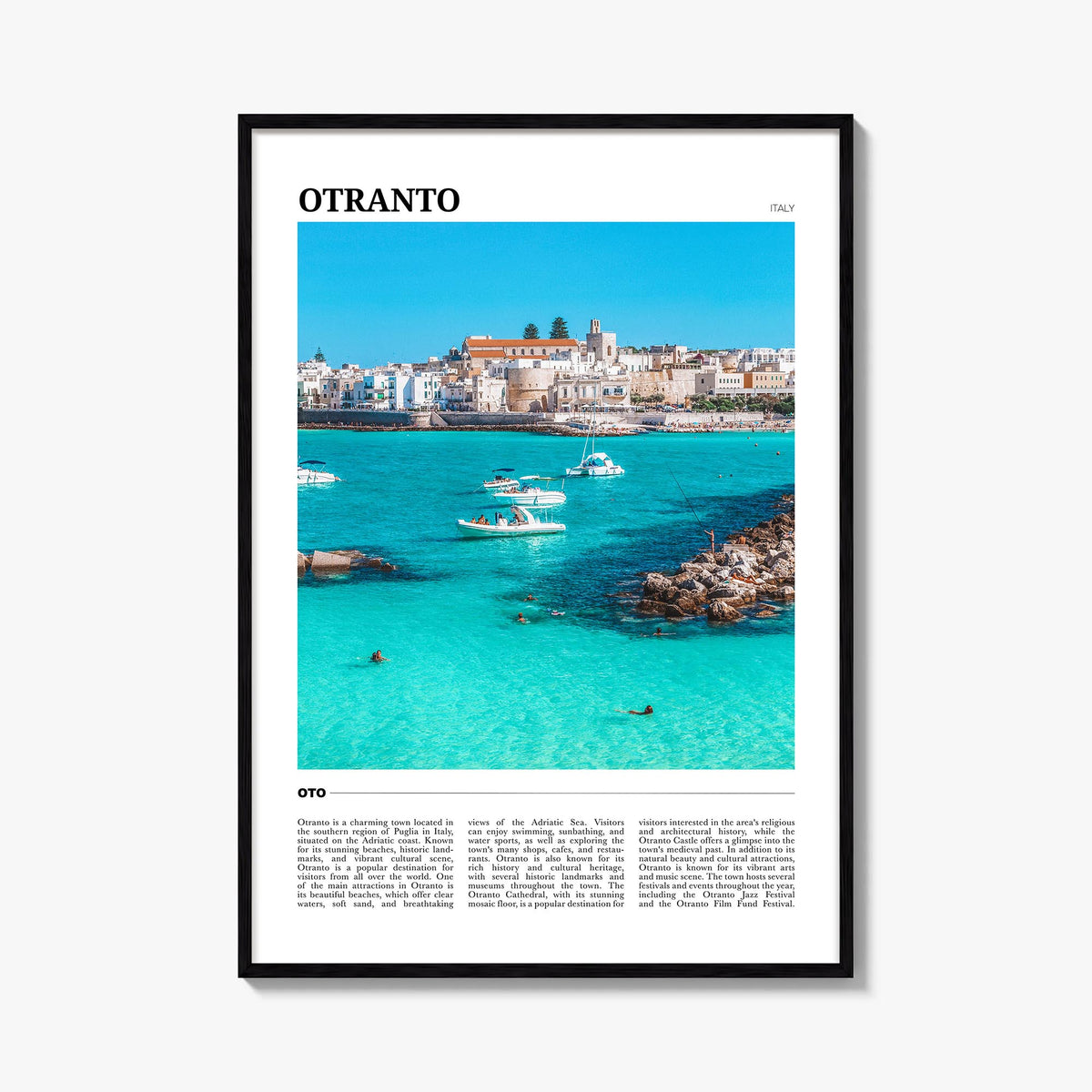 Otranto colorful travel poster of Italy – vertical wall art, unframed print shown in interior mockup