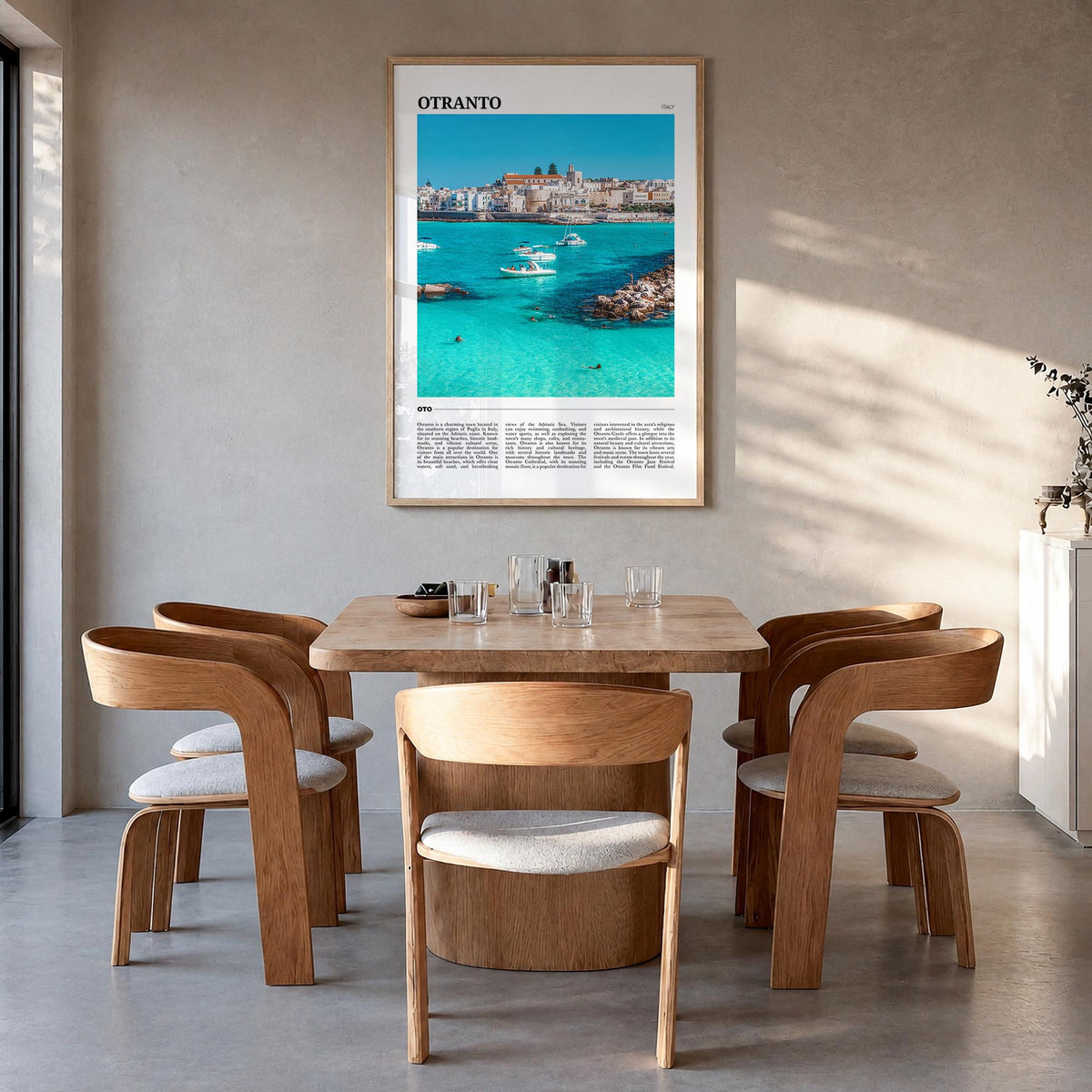 Otranto colorful travel poster of Italy – vertical wall art in natural wood frame, hanging on wall