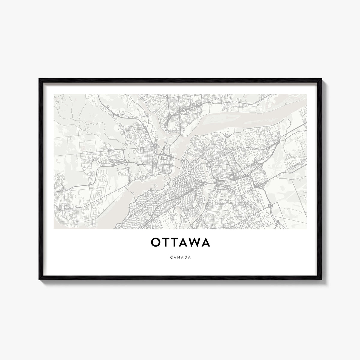 Ottawa black & white map poster of Ontario, Canada – horizontal wall art, unframed print shown in interior mockup