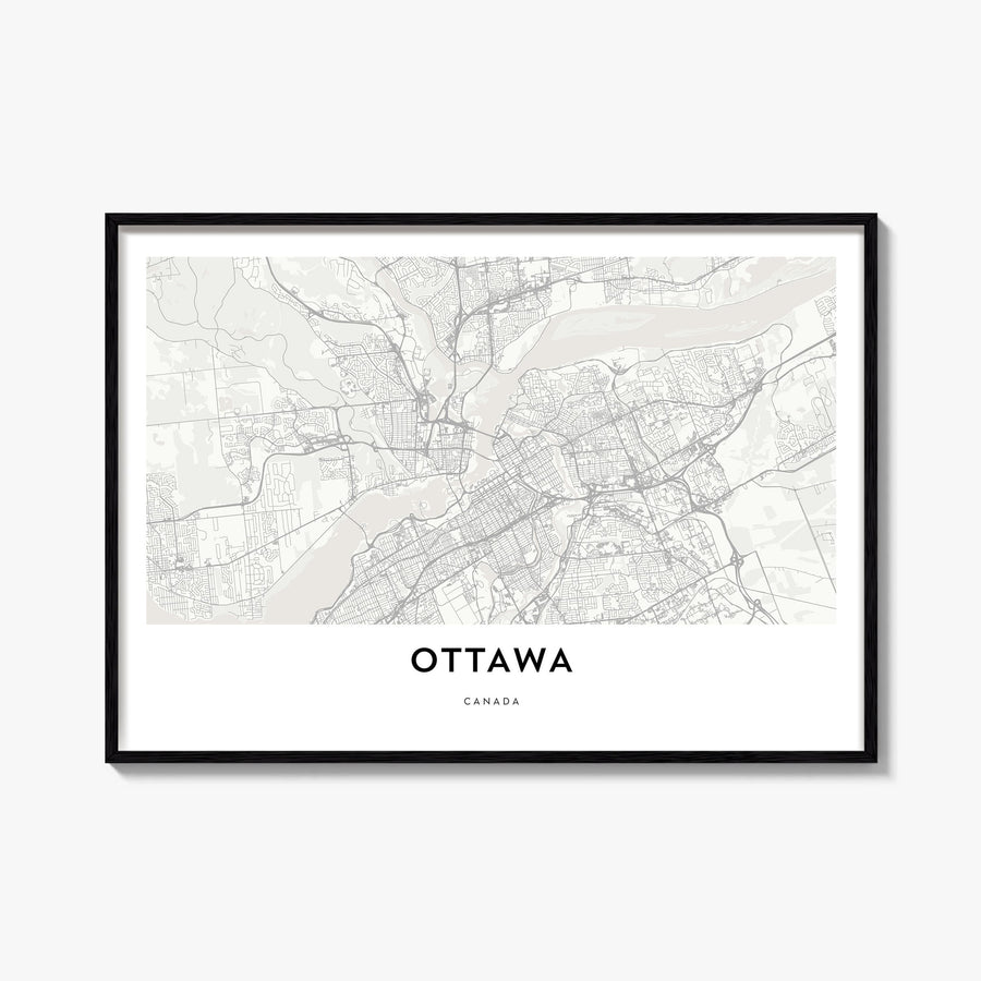 Ottawa black & white map poster of Ontario, Canada – horizontal wall art, unframed print shown in interior mockup