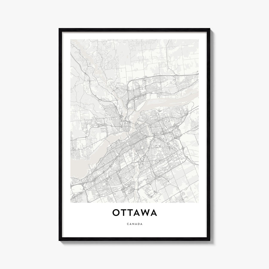 Ottawa black & white map poster of Ontario, Canada – vertical wall art, unframed print shown in interior mockup