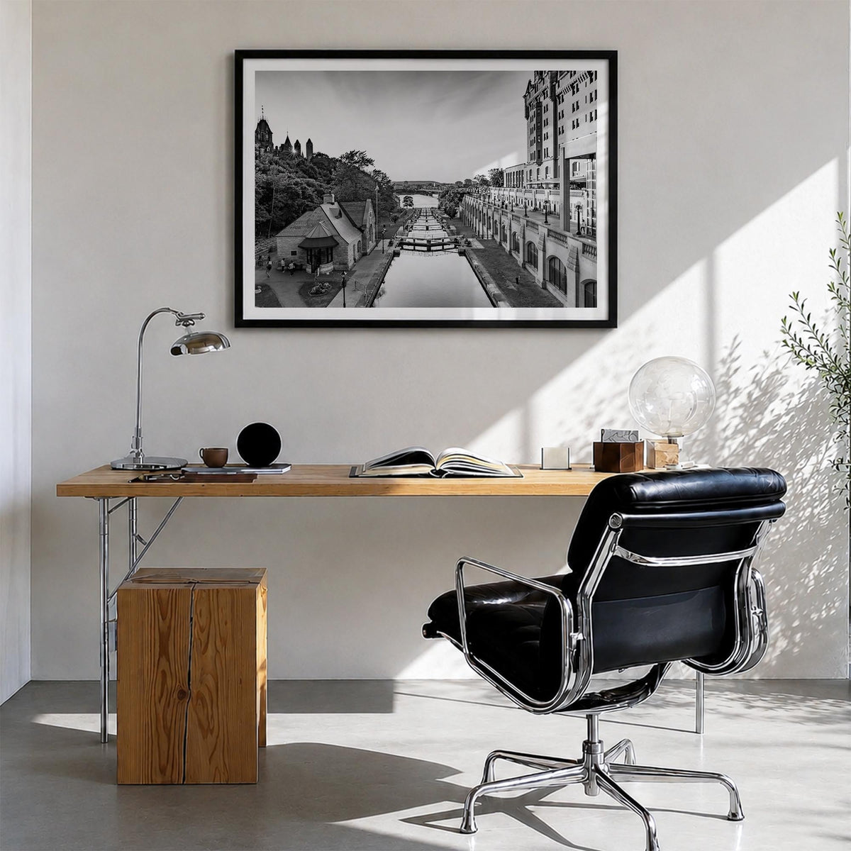Ottawa black & white photo poster of Ontario, Canada – horizontal wall art in black wood frame with white border, hanging on 
