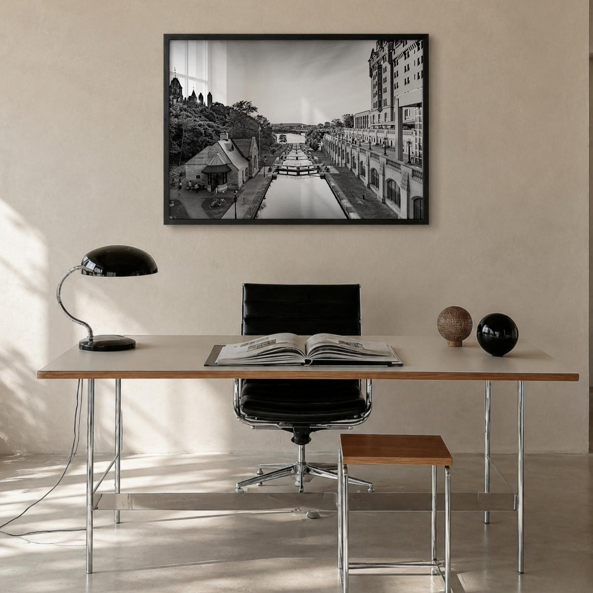 Ottawa black & white photo poster of Ontario, Canada – horizontal wall art in black wood frame, hanging on wall