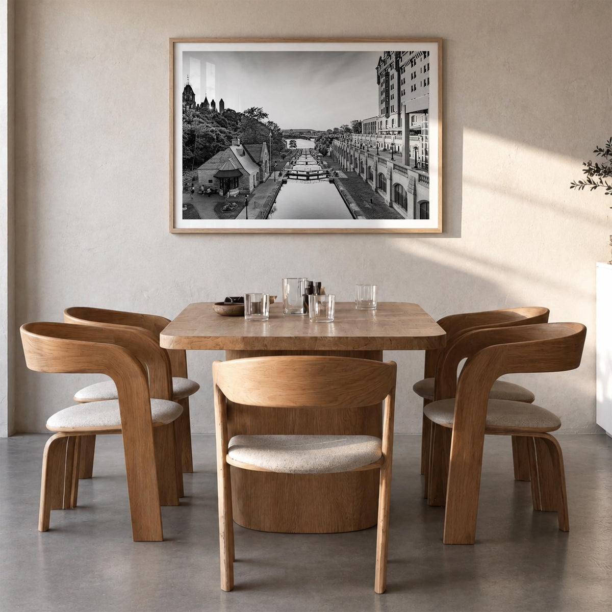 Ottawa black & white photo poster of Ontario, Canada – horizontal wall art in natural wood frame with white border, hanging o