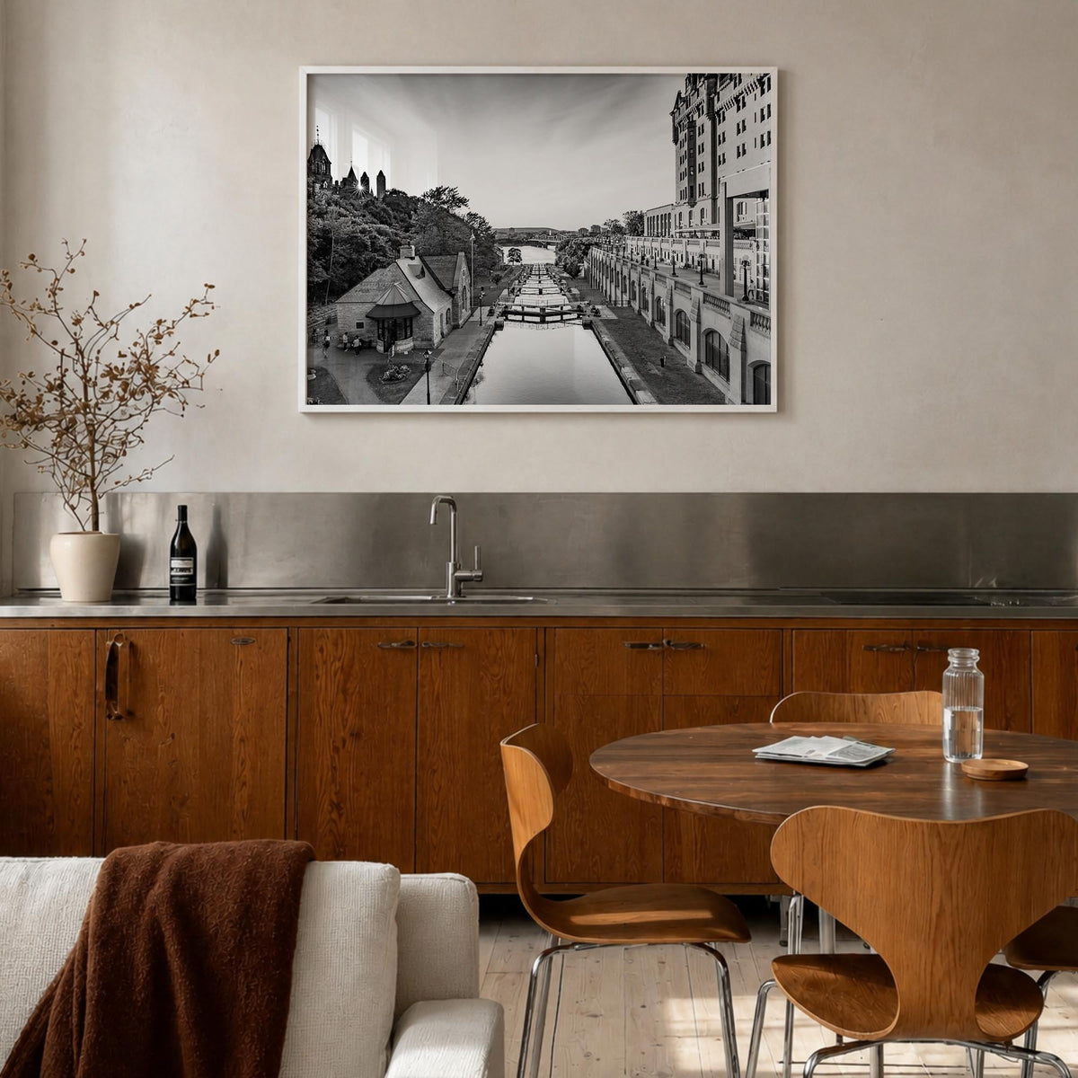 Ottawa black & white photo poster of Ontario, Canada – horizontal wall art in white wood frame, hanging on wall
