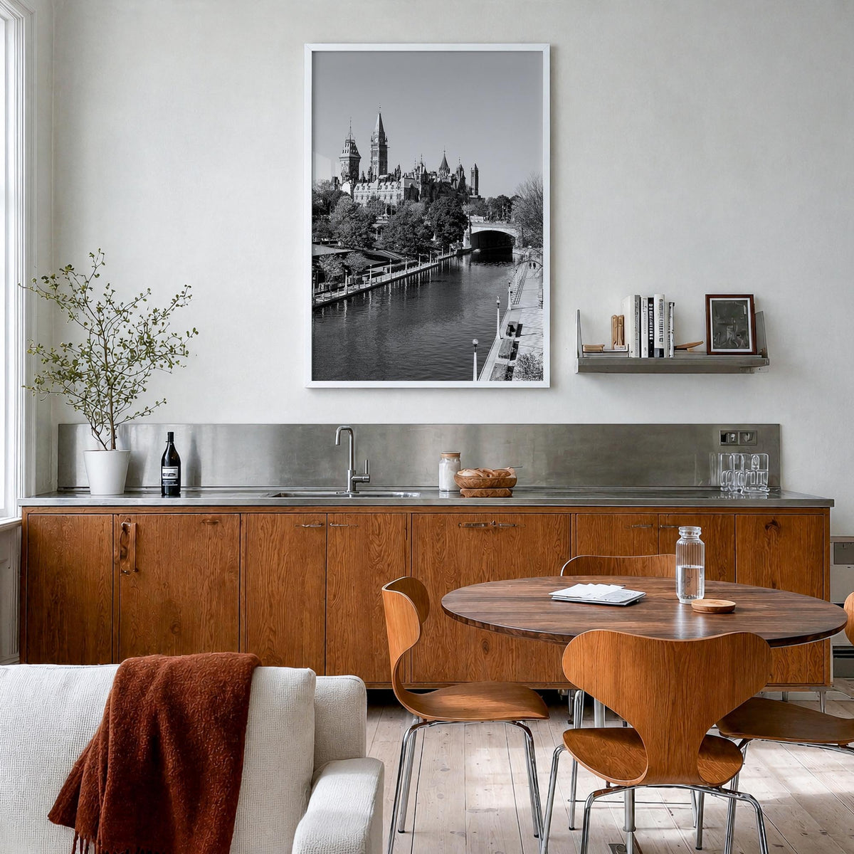 Ottawa black & white photo poster of Ontario, Canada – vertical wall art in white wood frame, hanging on wall
