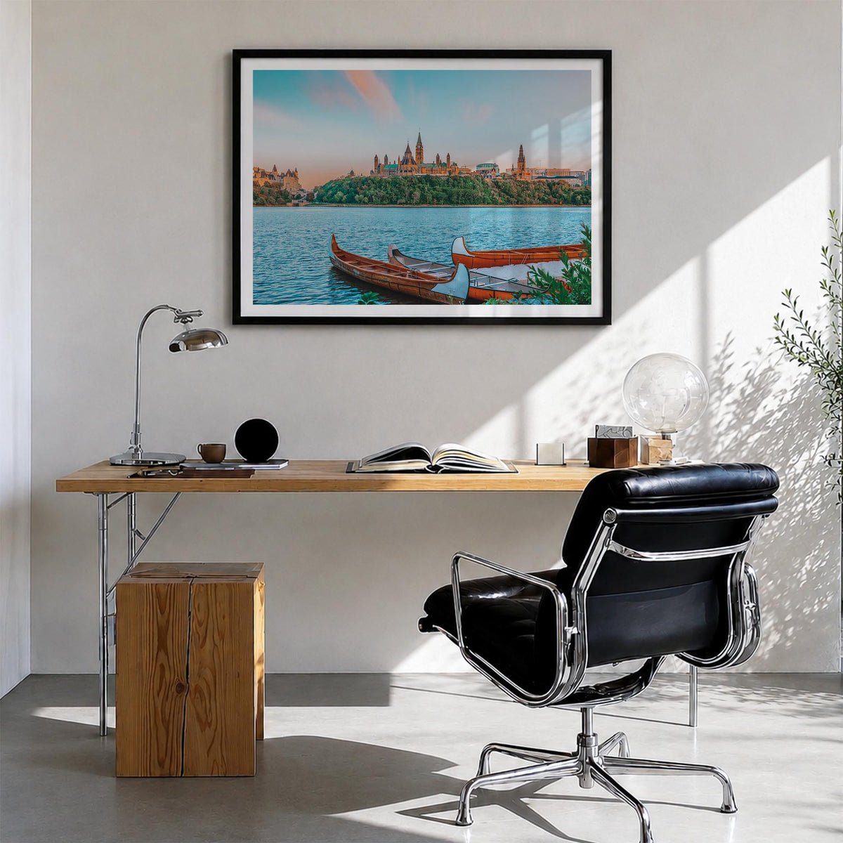 Ottawa colorful photo poster of Ontario, Canada – horizontal wall art in black wood frame with white border, hanging on wall