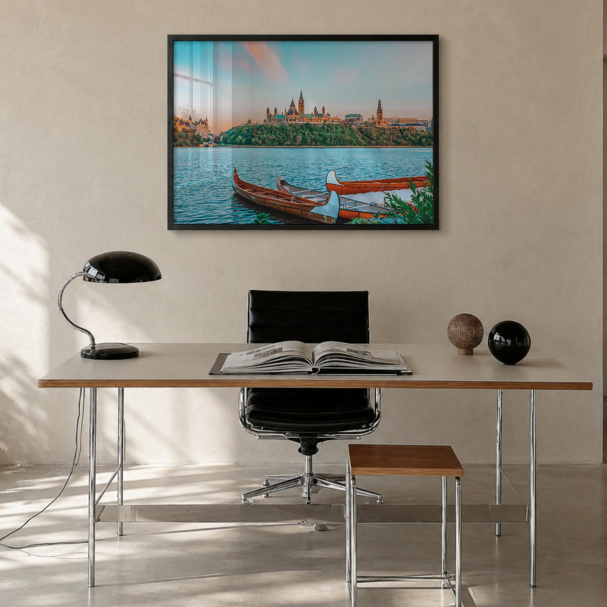 Ottawa colorful photo poster of Ontario, Canada – horizontal wall art in black wood frame, hanging on wall
