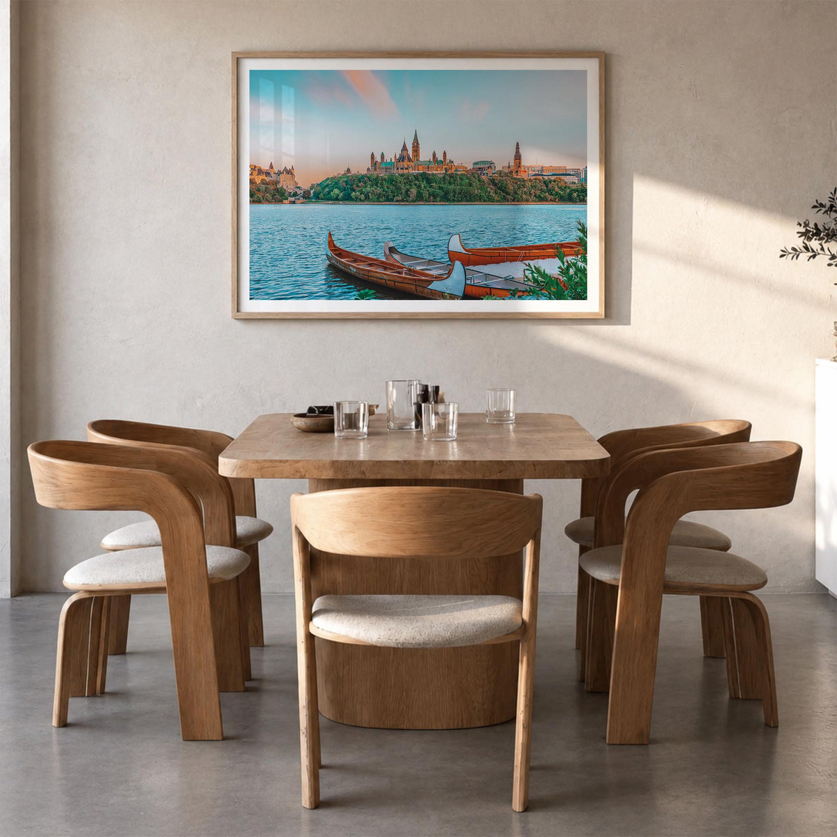 Ottawa colorful photo poster of Ontario, Canada – horizontal wall art in natural wood frame with white border, hanging on wal