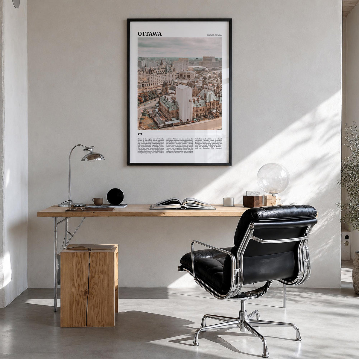 Ottawa colorful travel poster of Ontario, Canada – vertical wall art in black wood frame, hanging on wall
