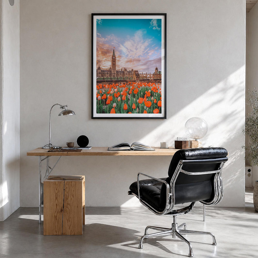 Ottawa no. 2 colorful photo poster of Ontario, Canada – vertical wall art in black wood frame with white border, hanging on w