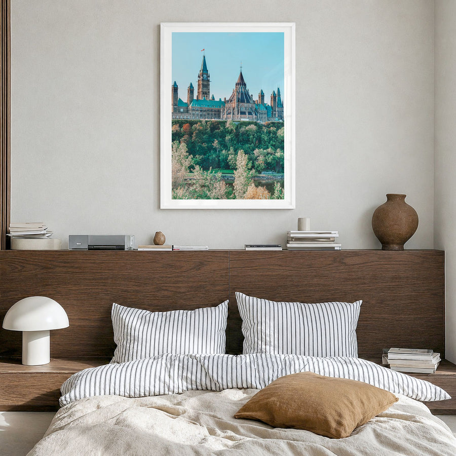Ottawa Photo No 1 Poster in a white wood frame, hanging in a bedroom, white border