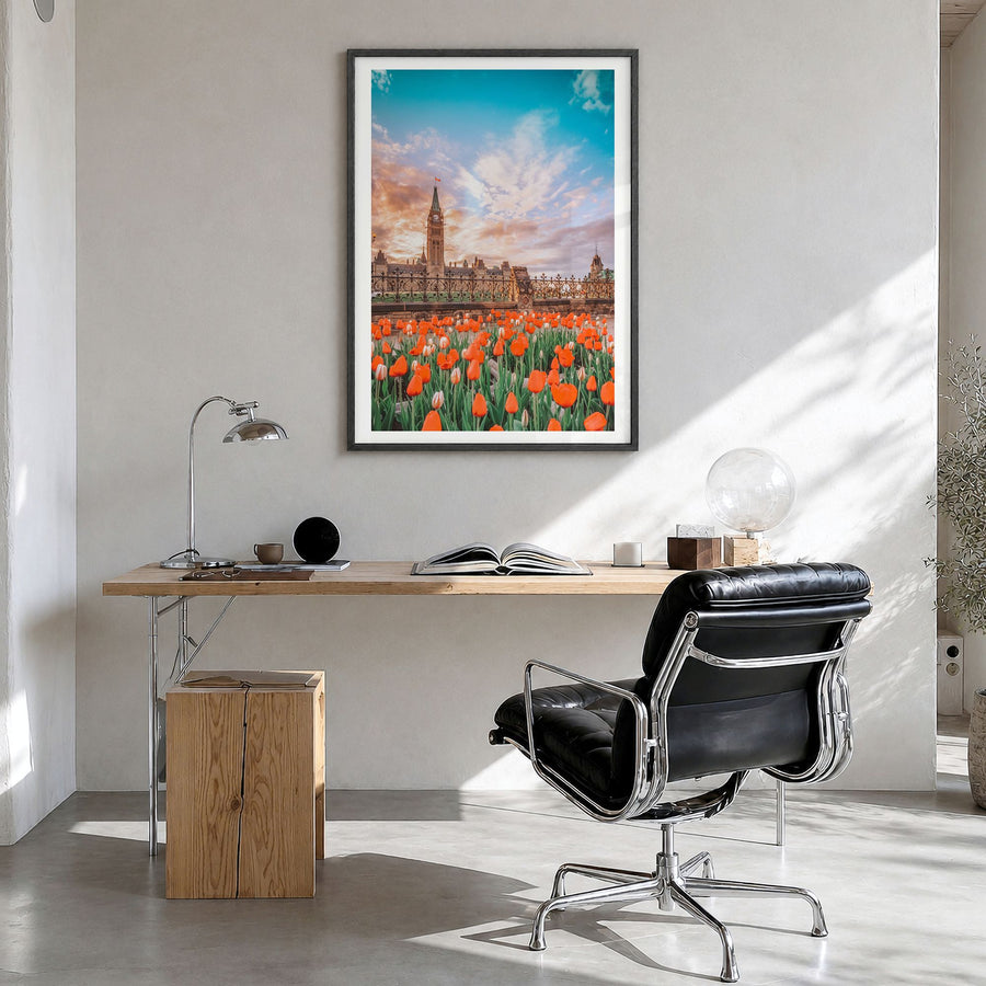 Ottawa Photo No 2 Poster in a black wood frame, hanging in a bright home office, white border