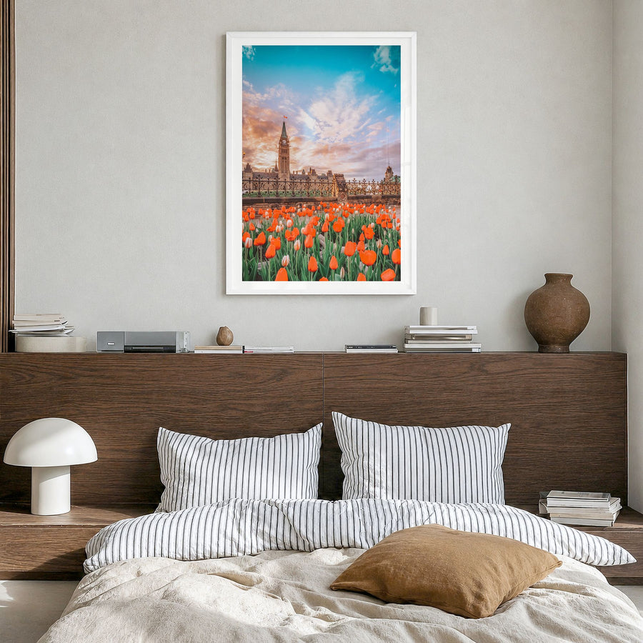 Ottawa Photo No 2 Poster in a white wood frame, hanging in a bedroom, white border