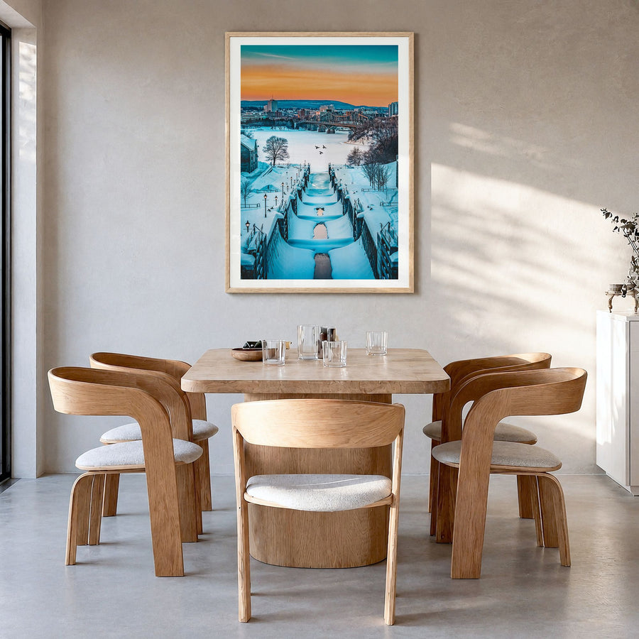 Ottawa Photo No 3 Poster in a natural wood frame, hanging in a dining room, white border