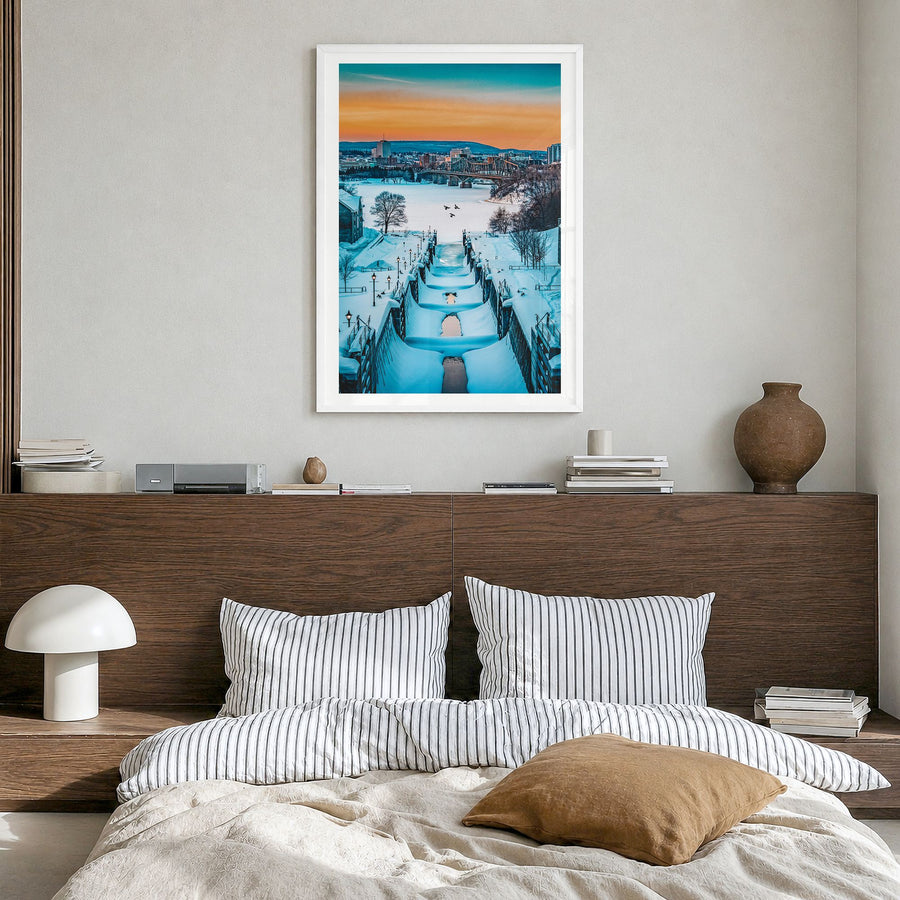 Ottawa Photo No 3 Poster in a white wood frame, hanging in a bedroom, white border