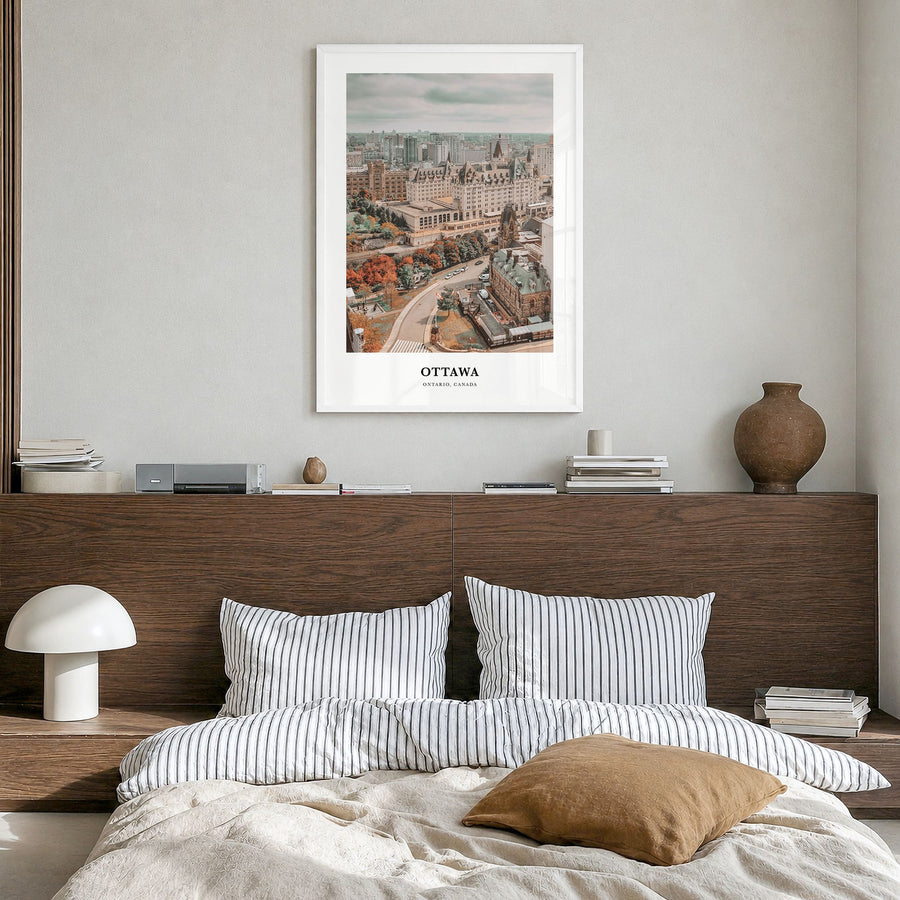 Ottawa Classic Poster in a white wood frame, hanging in a bedroom