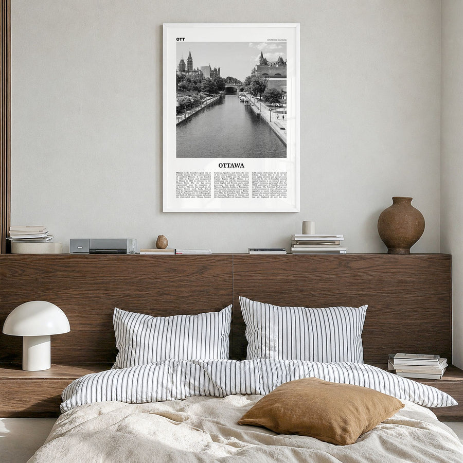 Ottawa Newspaper No 1 Poster in a white wood frame, hanging in a bedroom