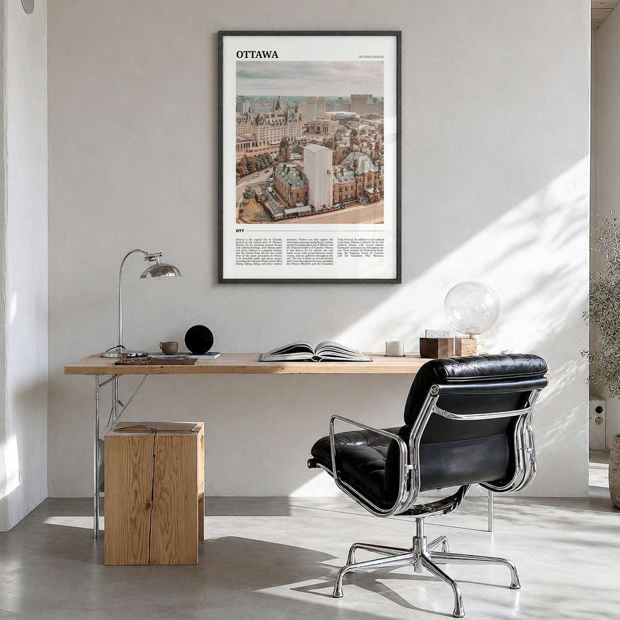 Ottawa Travel Poster in a black wood frame, hanging in a bright home office
