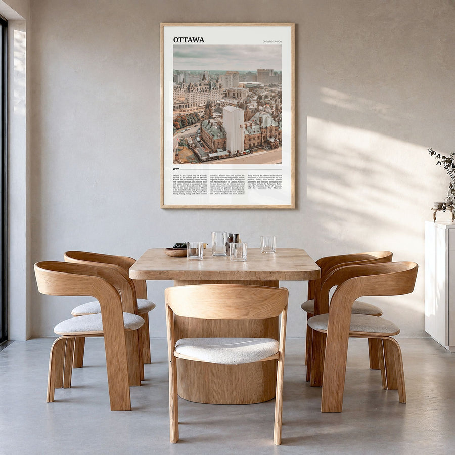 Ottawa Travel Poster in a natural wood frame, hanging in a dining room