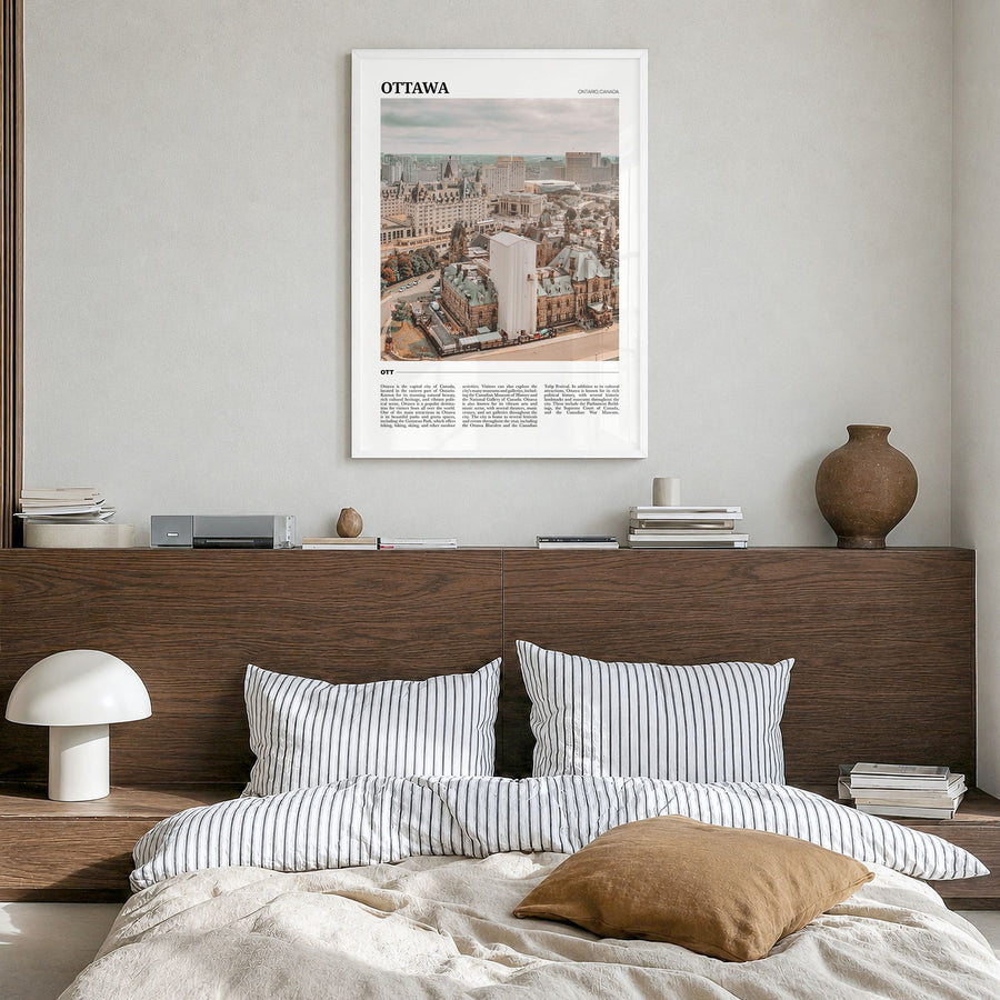 Ottawa Travel Poster in a white wood frame, hanging in a bedroom