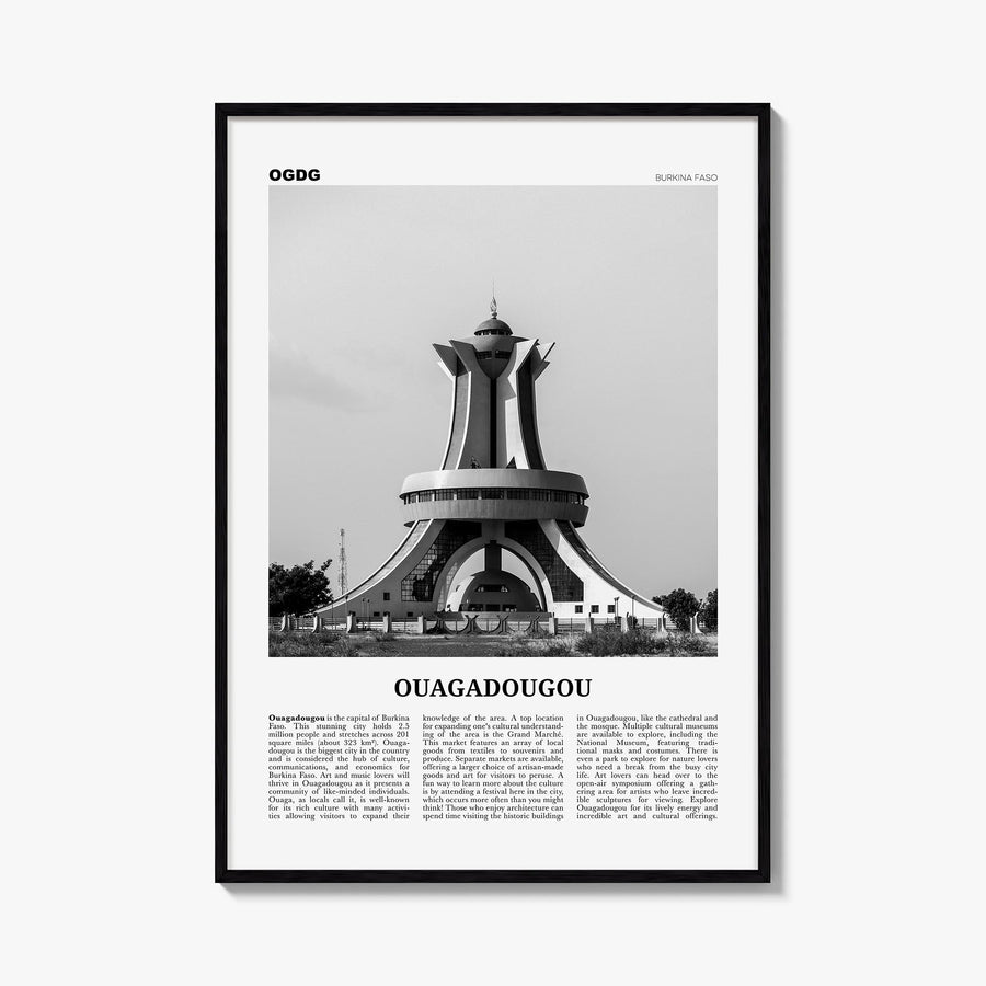 Ouagadougou black & white newspaper poster of Burkina Faso – vertical wall art, unframed print shown in interior mockup