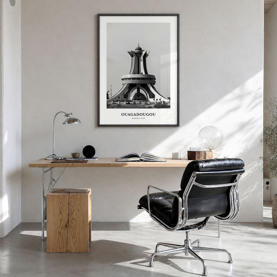 Ouagadougou Classic Poster in a black wood frame, hanging in a bright home office