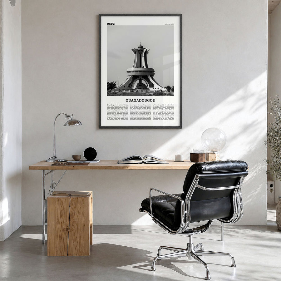 Ouagadougou Newspaper Poster in a black wood frame, hanging in a bright home office