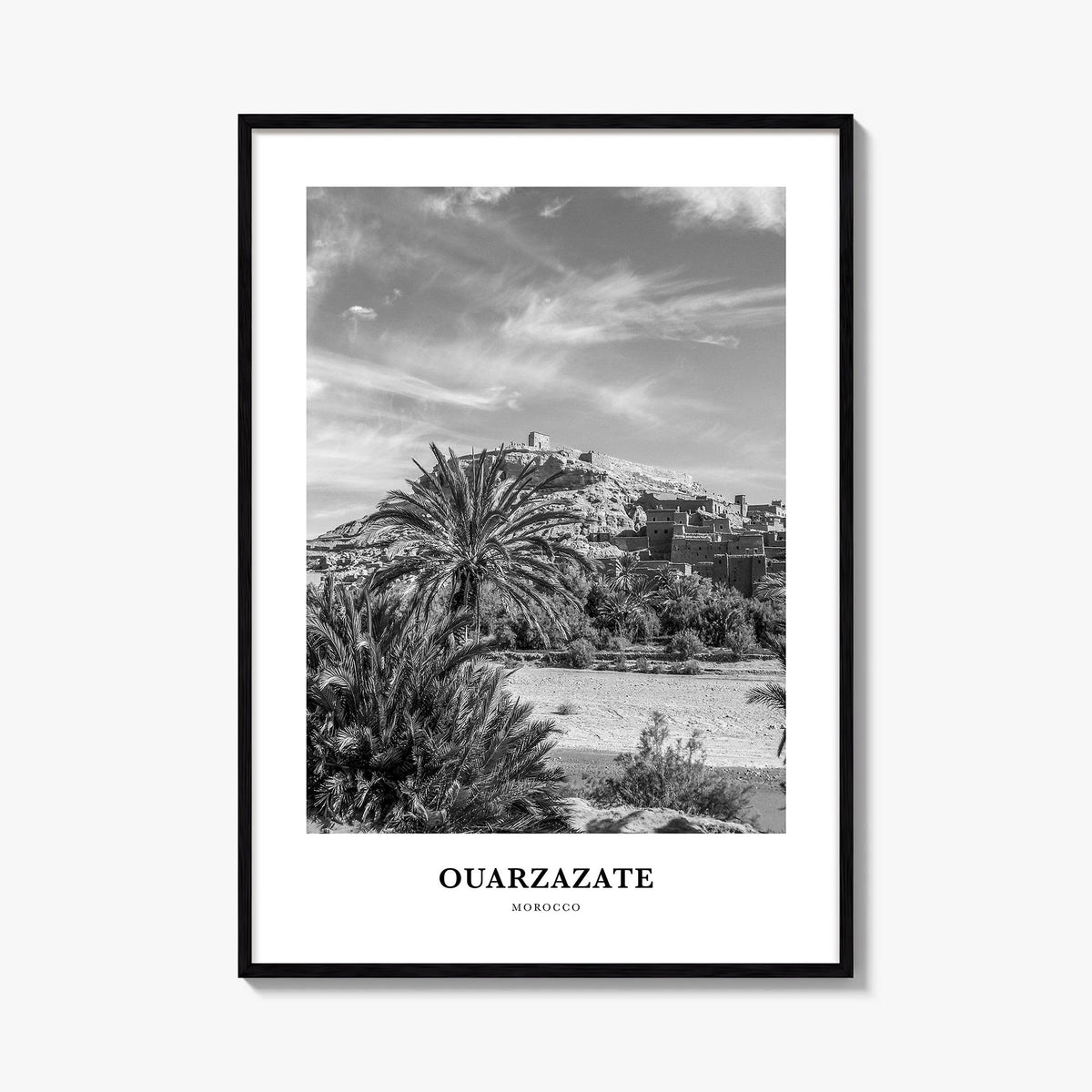 Ouarzazate black & white classic poster of Morocco – vertical wall art, unframed print shown in interior mockup