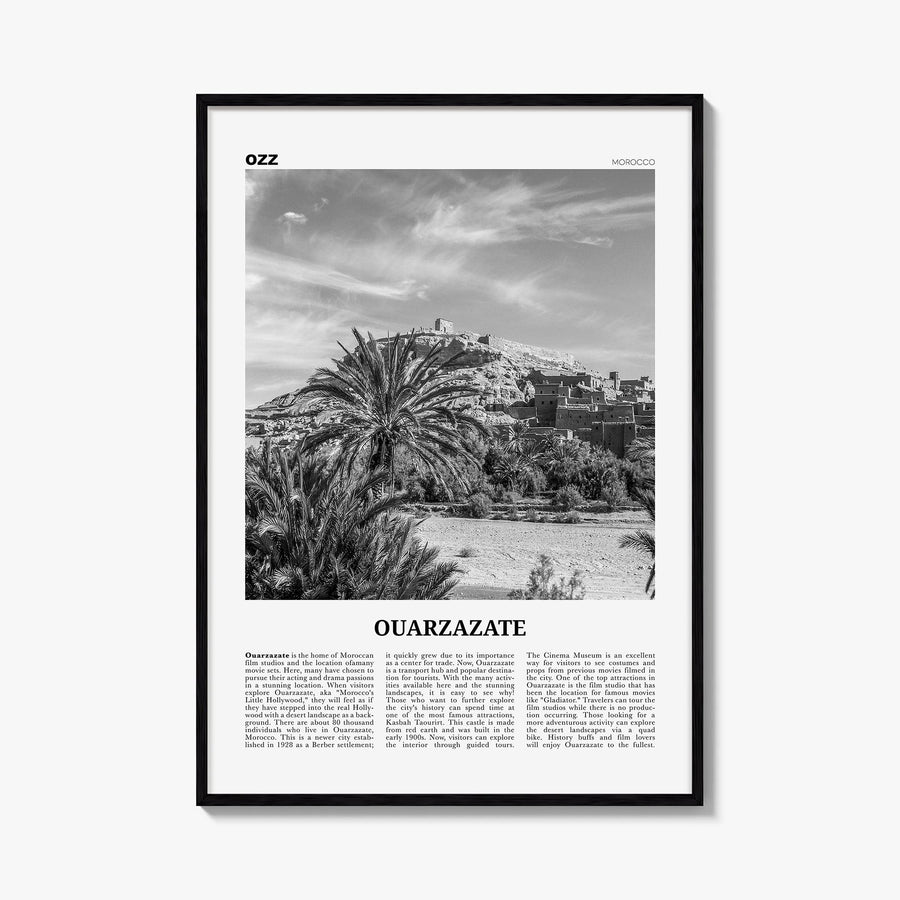Ouarzazate black & white newspaper poster of Morocco – vertical wall art, unframed print shown in interior mockup