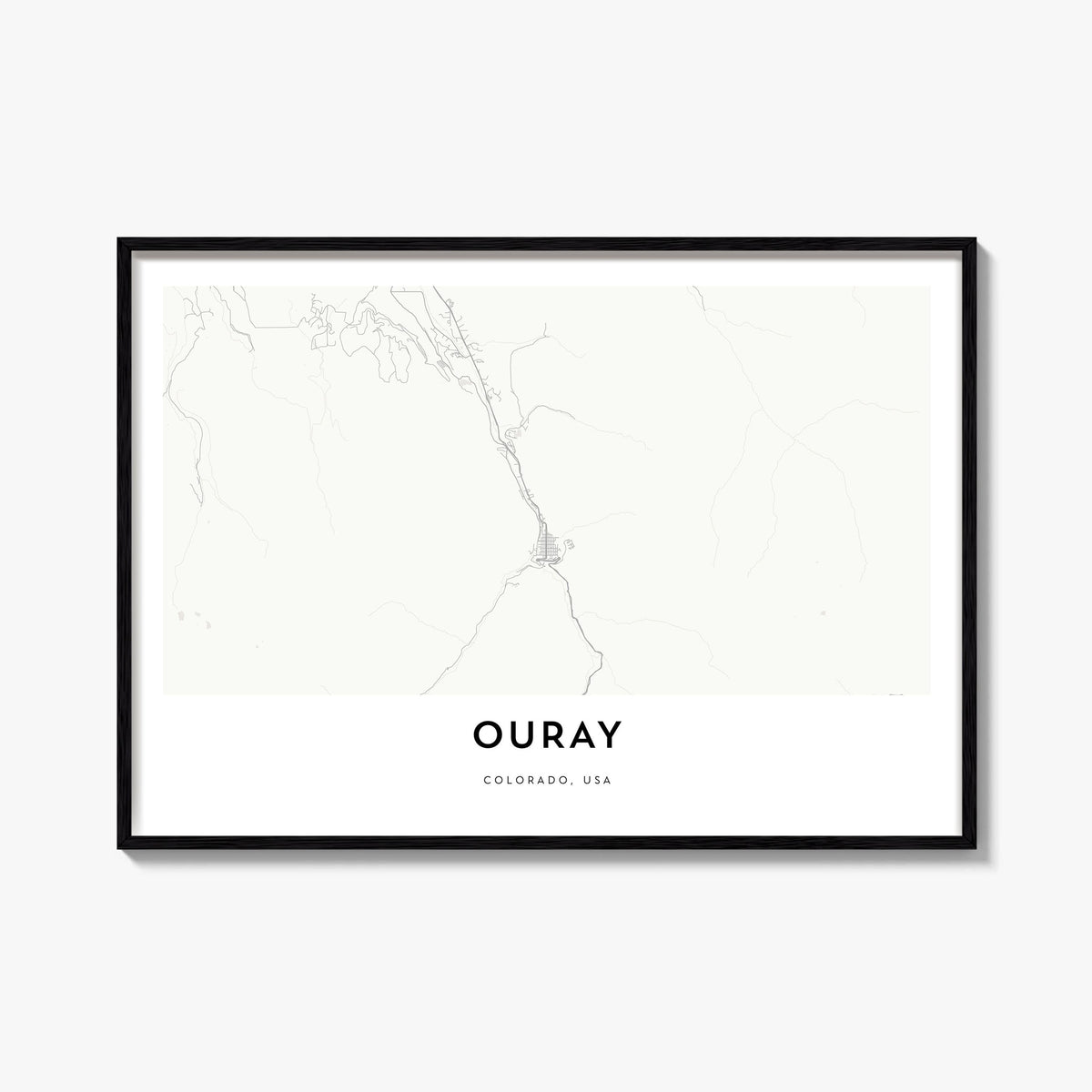 Ouray black & white map poster of Colorado, USA – horizontal wall art, unframed print shown in interior mockup